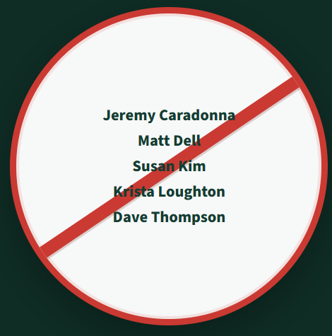 Jeremy Caradonna, Matt Dell, Susan Kim, Krista Loughton and Dave Thompson shown inside a red prohibition symbol